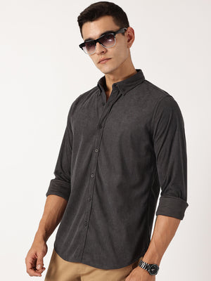 Thomas Scott Men Dark Grey Premium Slim Fit Corduroy Casual Shirt