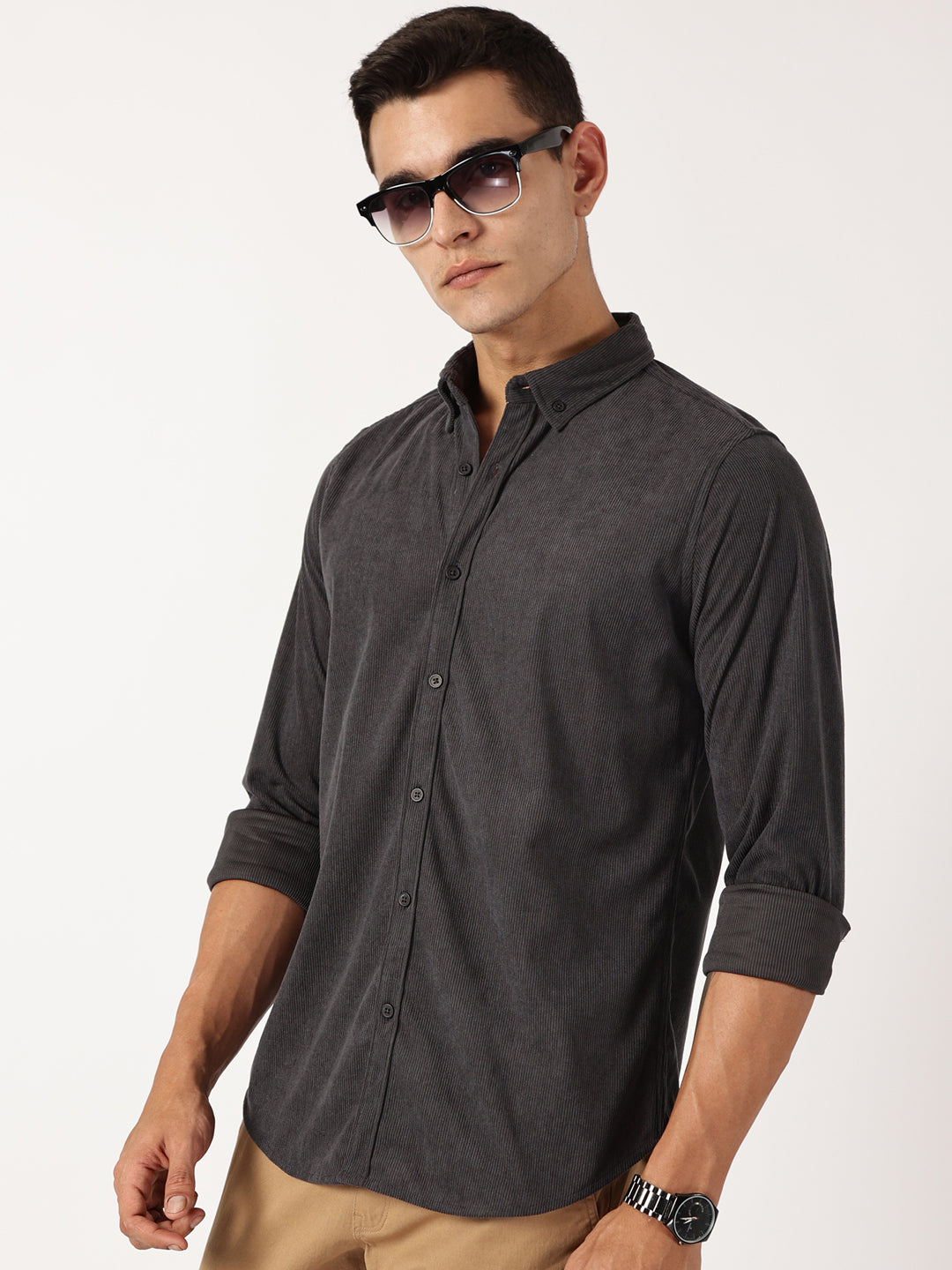 Thomas Scott Men Dark Grey Premium Slim Fit Corduroy Casual Shirt