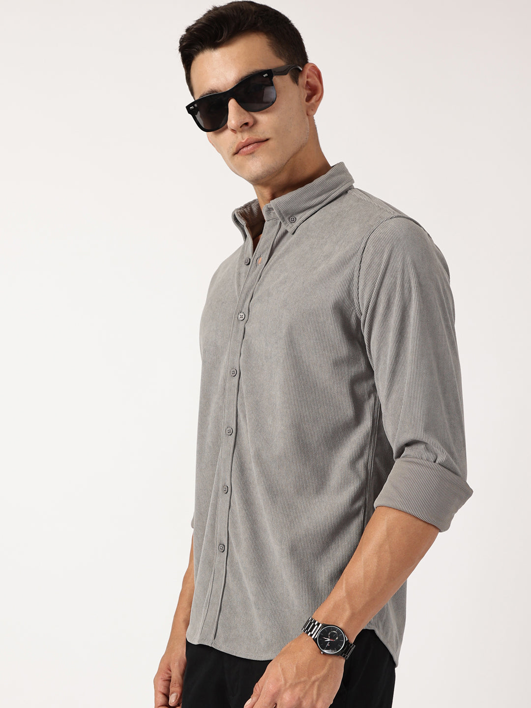 Thomas Scott Men Grey Premium Slim Fit Corduroy Casual Shirt