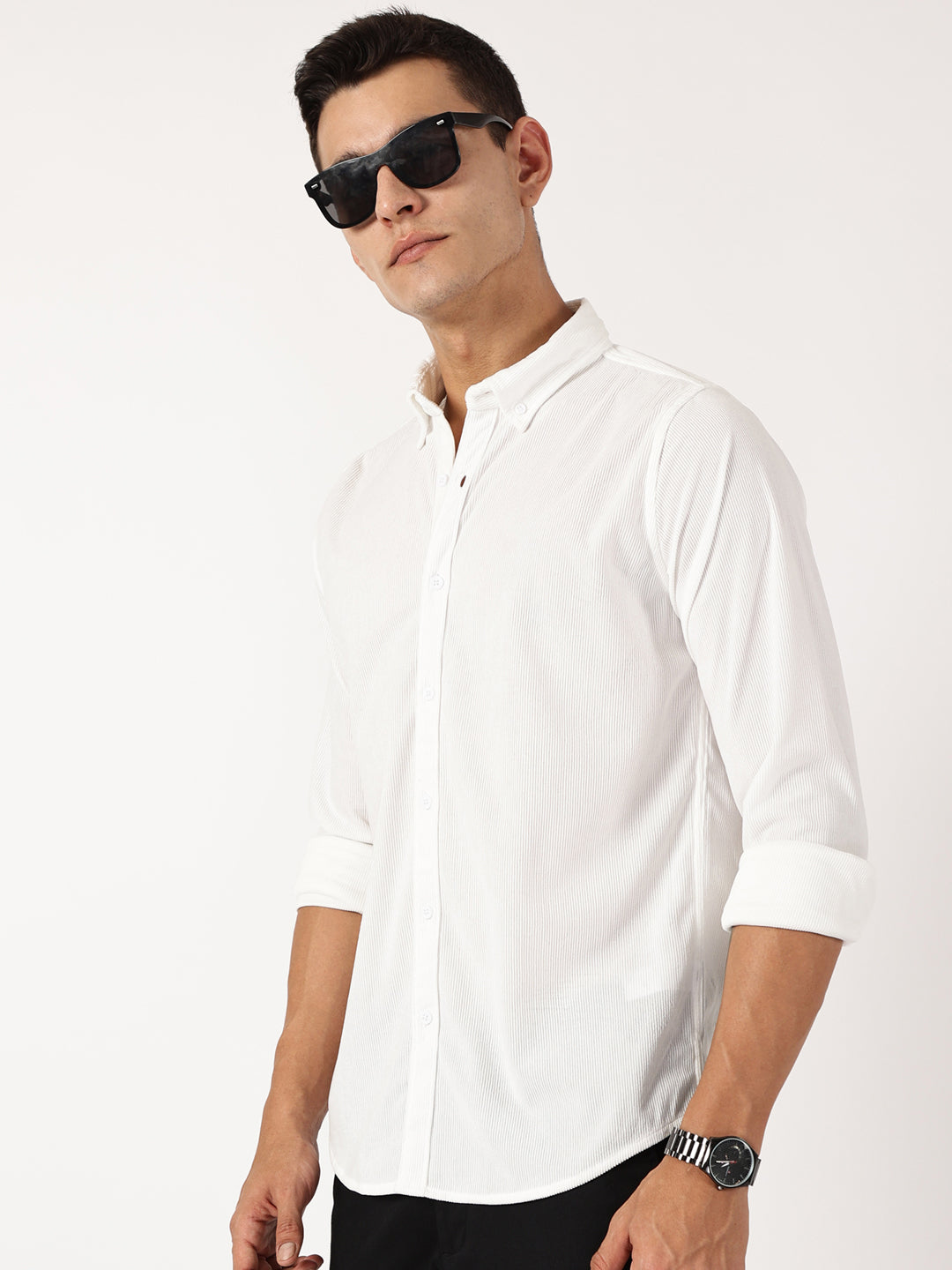 Thomas Scott Men White Premium Slim Fit Corduroy Casual Shirt