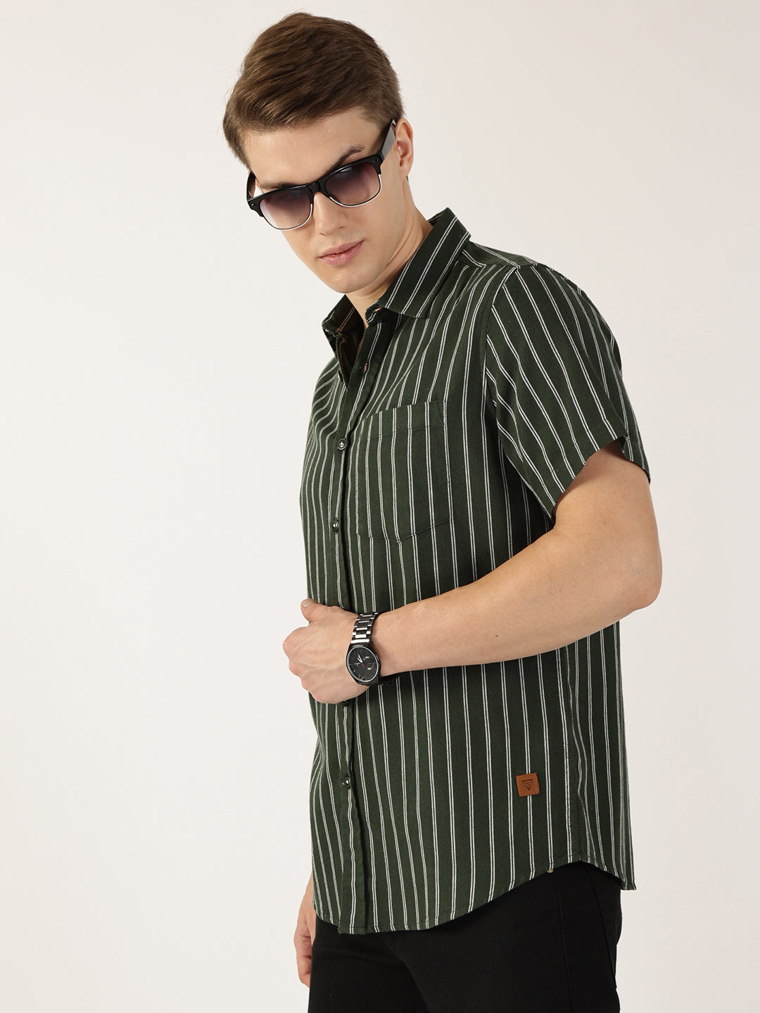 Thomas Scott Men Bottle Green Classic Slim Fit Striped Cotton Casual Shirt