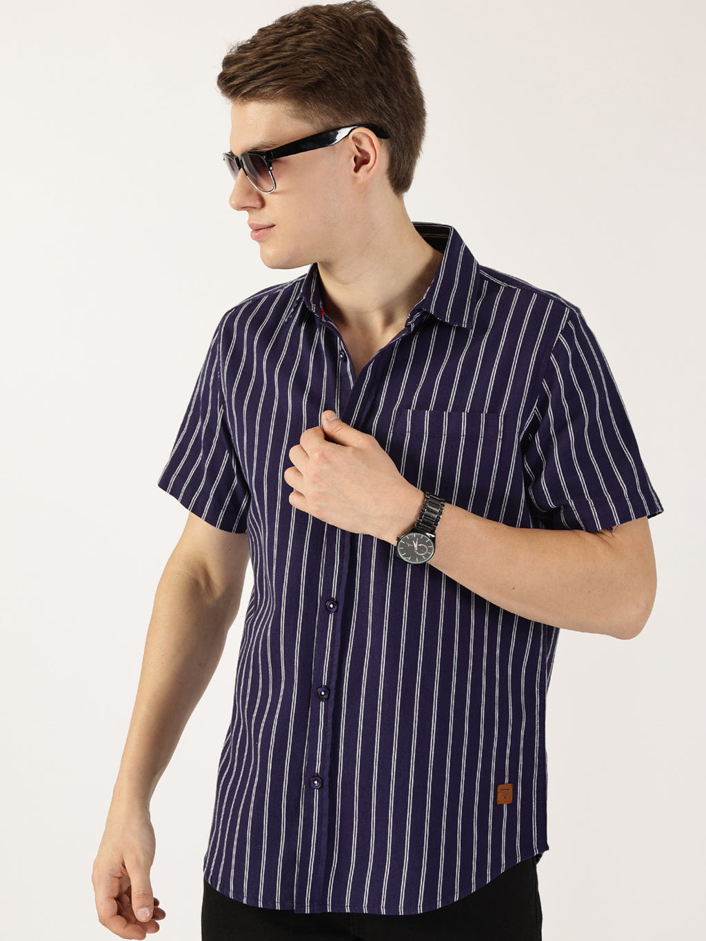 Thomas Scott Men Dark Blue Classic Slim Fit Striped Cotton Casual Shirt