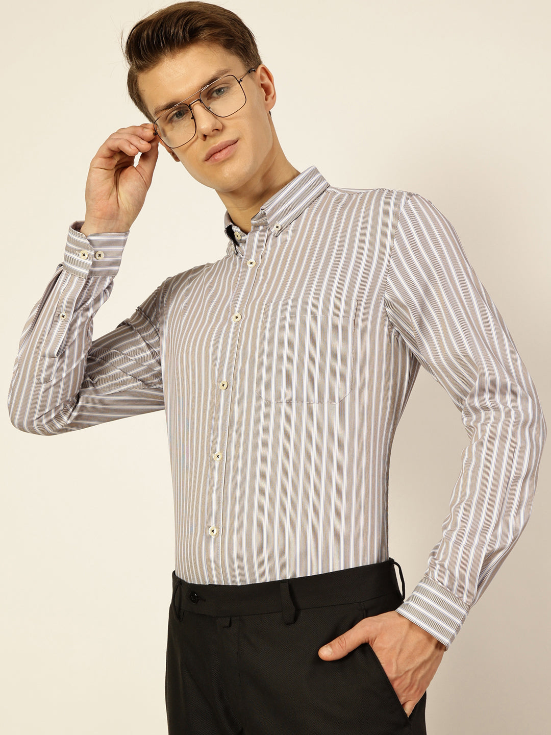 Thomas Scott Men Brown Smart Regular Fit Striped Cotton Formal Shirt
