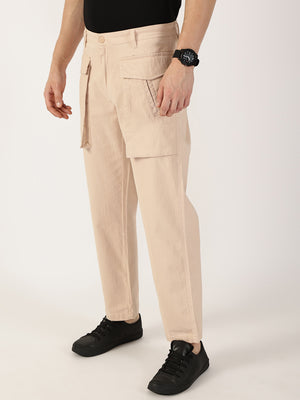 Thomas Scott Men Fawn Regular Fit Cargos Cotton Trousers