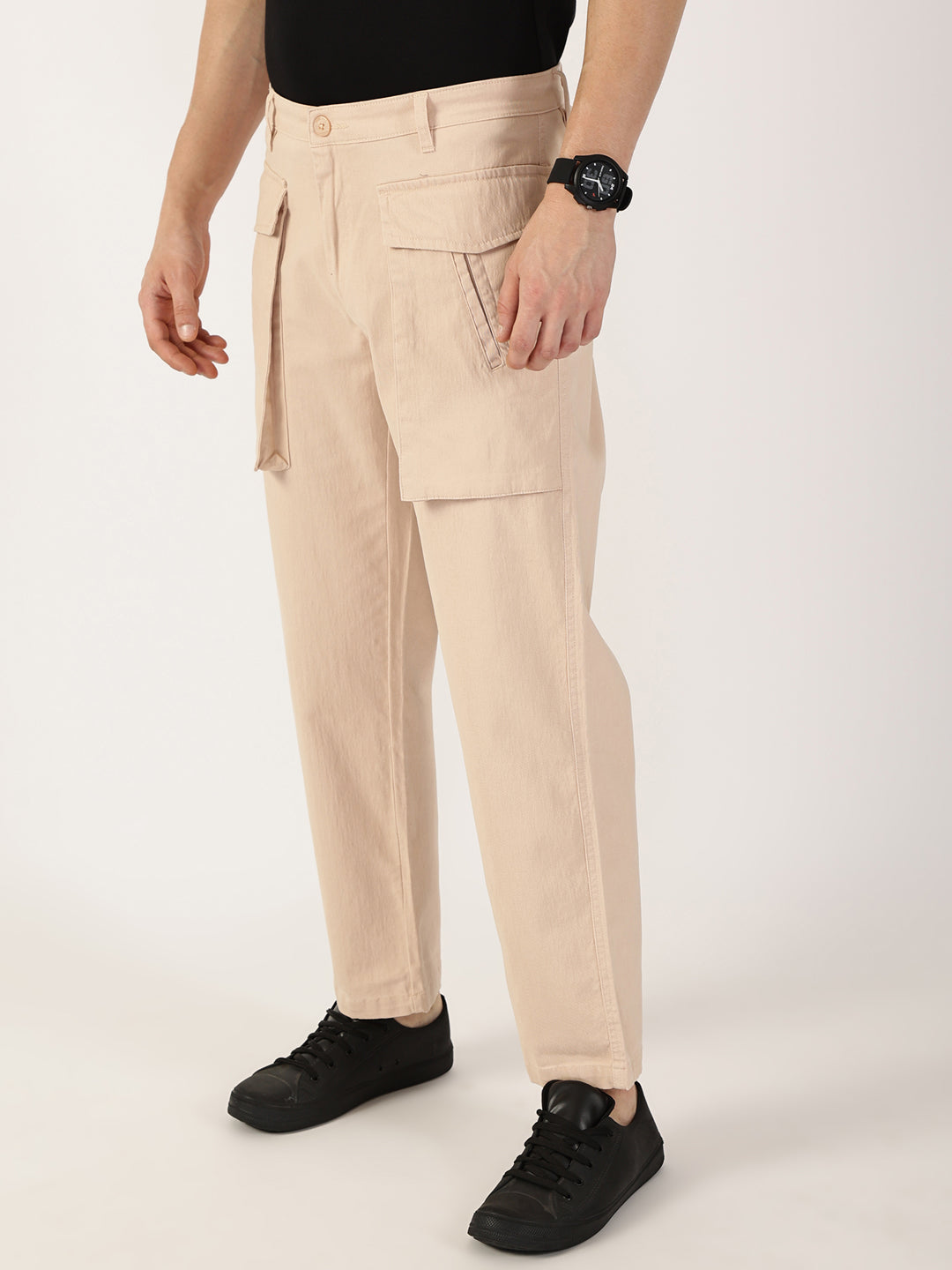 Thomas Scott Men Fawn Regular Fit Cargos Cotton Trousers
