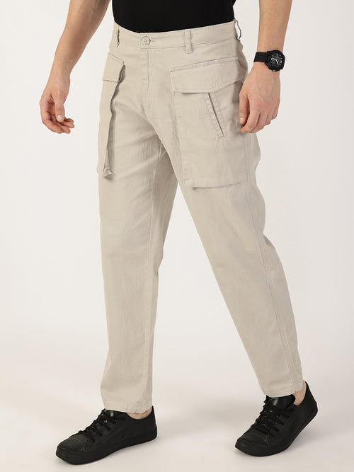 Thomas Scott Men Light Grey Regular Fit Cargos Cotton Trousers