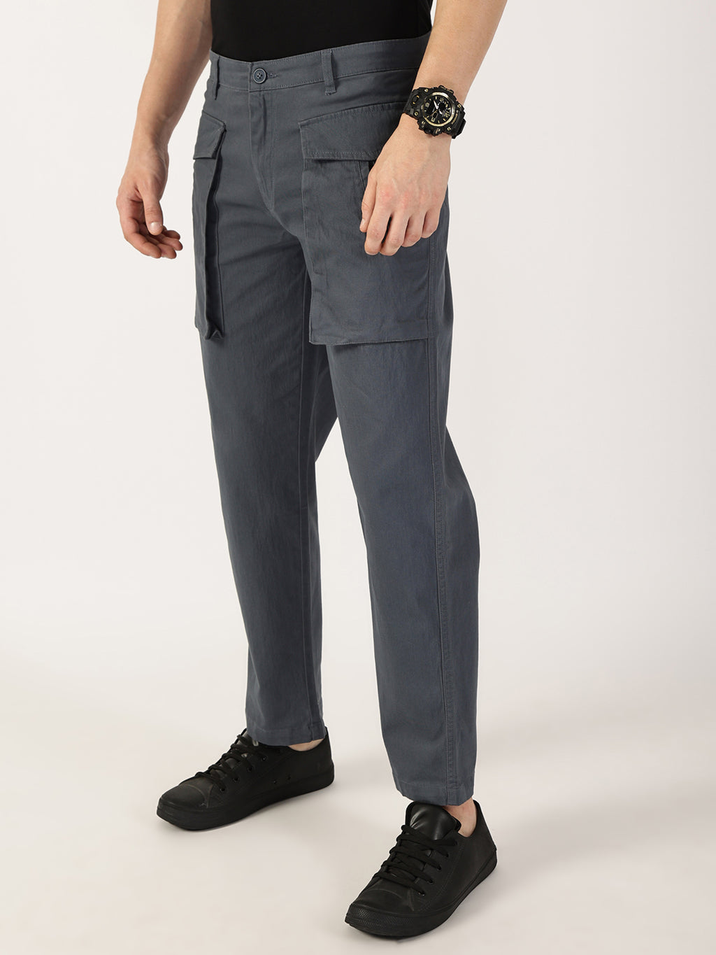 Thomas Scott Men Mid Blue Regular Fit Cargos Cotton Trousers