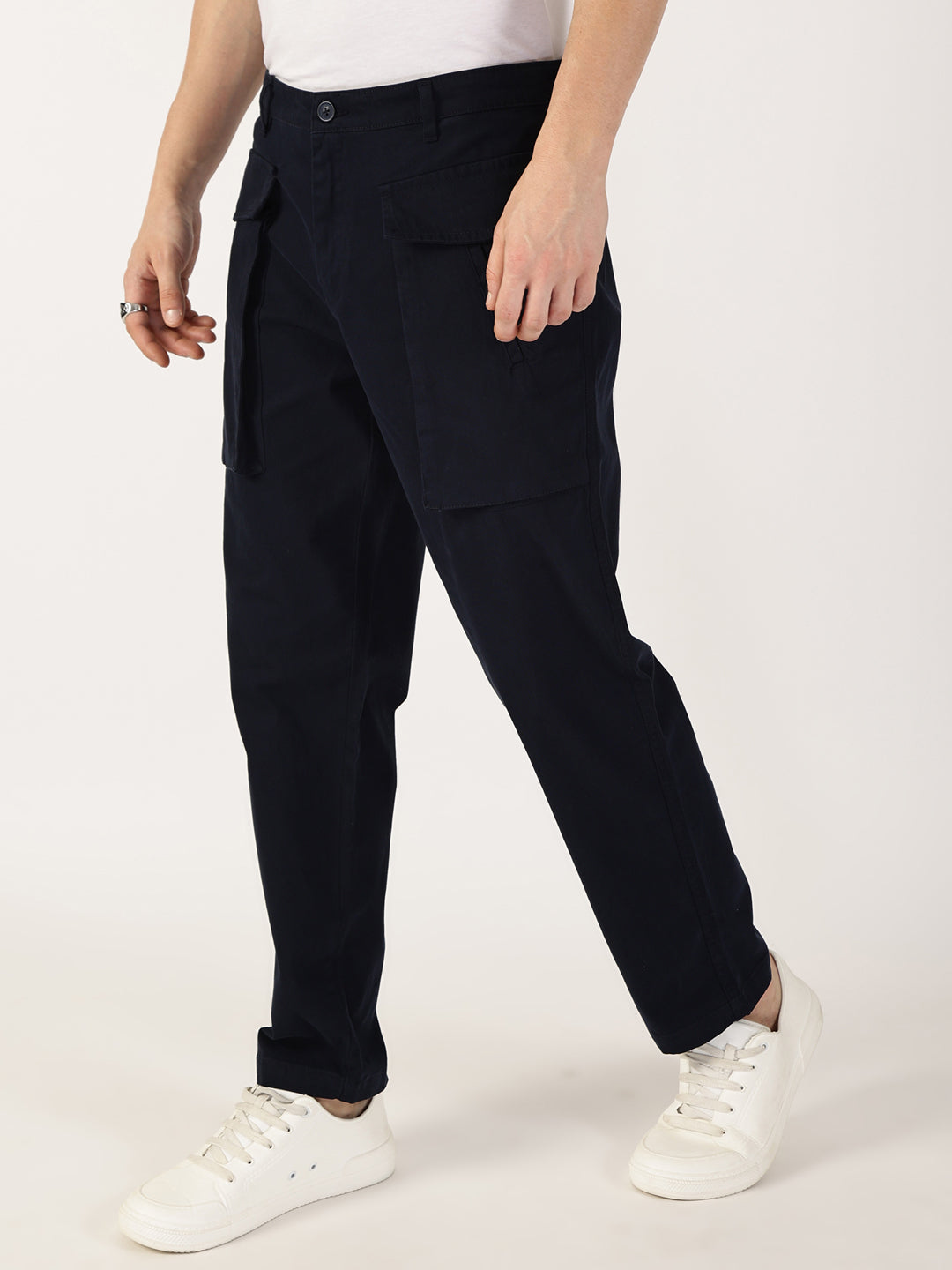 Thomas Scott Men Navy Regular Fit Cargos Cotton Trousers