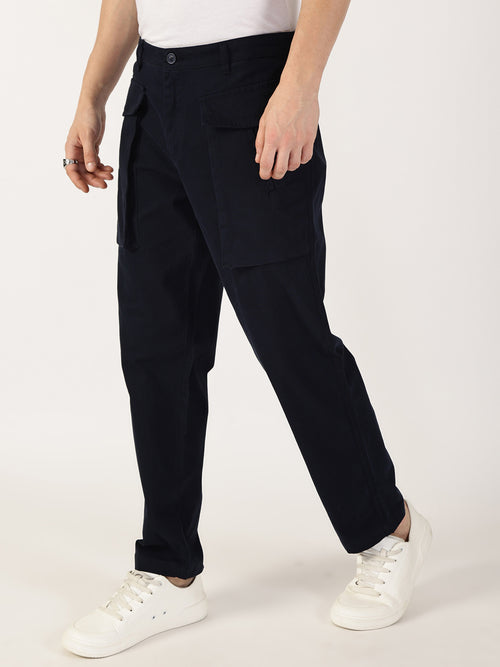 Thomas Scott Men Navy Regular Fit Cargos Cotton Trousers