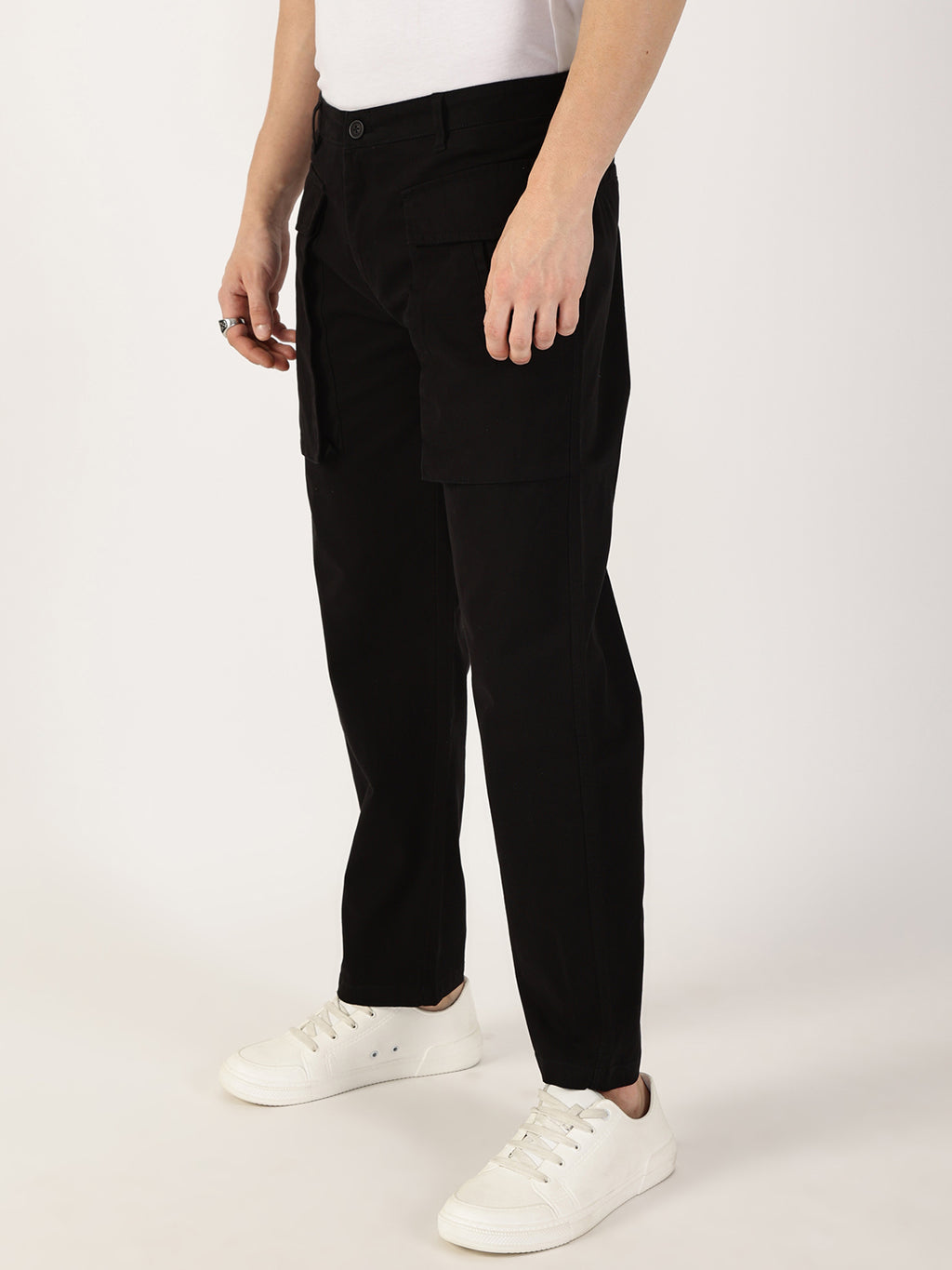 Thomas Scott Men Zed Black Regular Fit Cargos Cotton Trousers