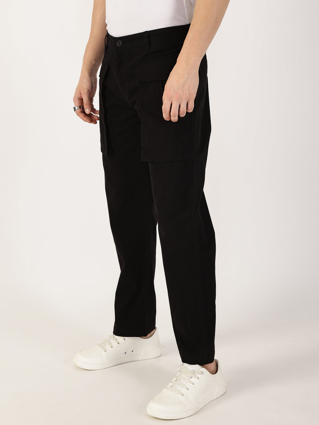 Thomas Scott Men Zed Black Regular Fit Cargos Cotton Trousers