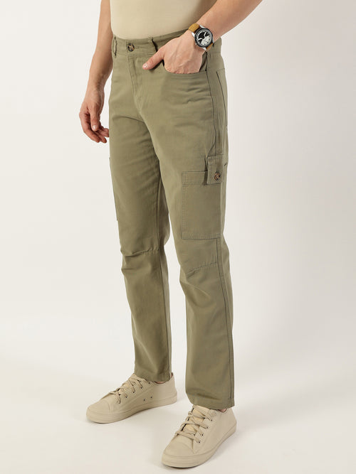 Thomas Scott Men Olive Smart Slim Fit Cargo Trousers