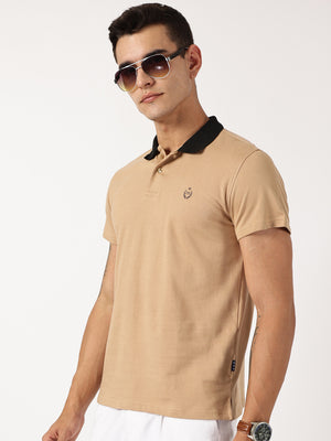 Thomas Scott Men Beige Solid Polo Collar Cotton Knitted T-shirt
