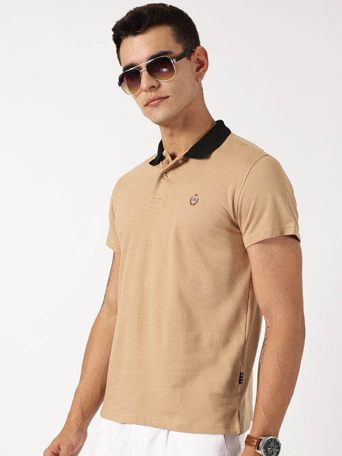 Thomas Scott Men Beige Solid Polo Collar Cotton Knitted T-shirt