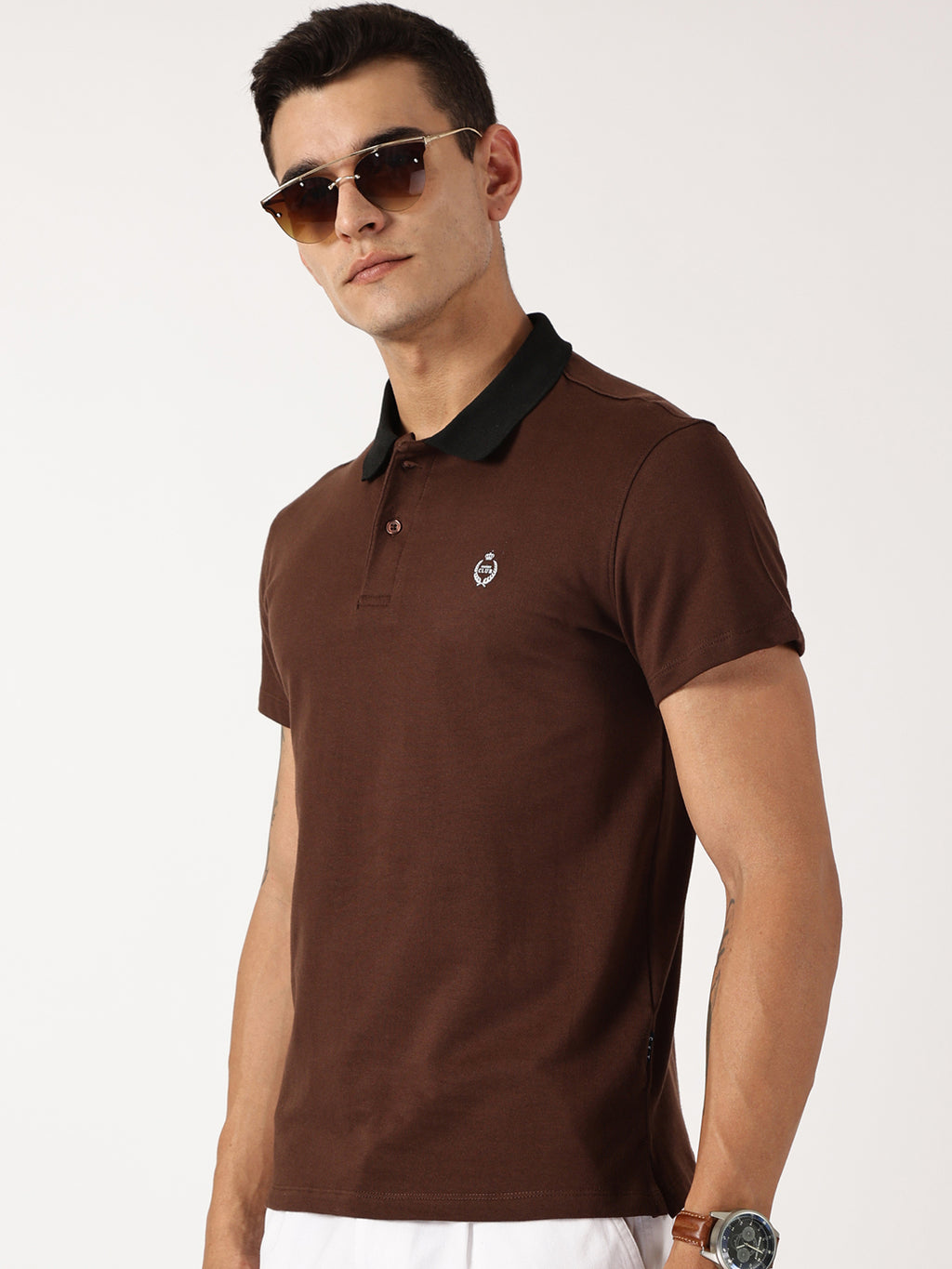 Thomas Scott Men Chocolate Solid Polo Collar Cotton Knitted T-shirt