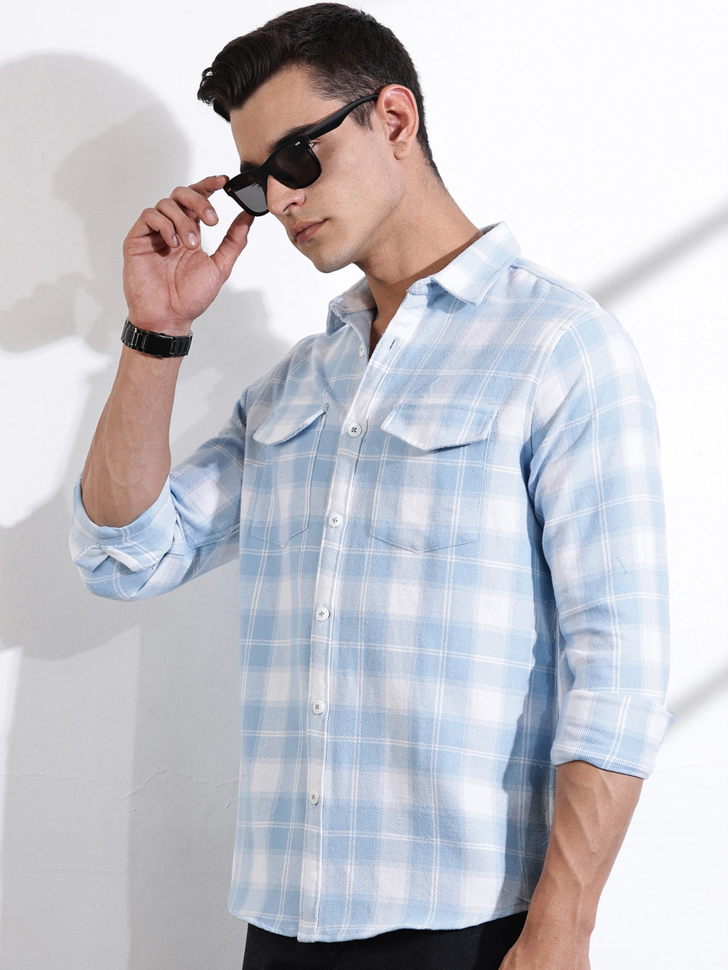Thomas Scott Men Blue Regular Fit Long Sleeves Windowpane Checks Casual Shirt