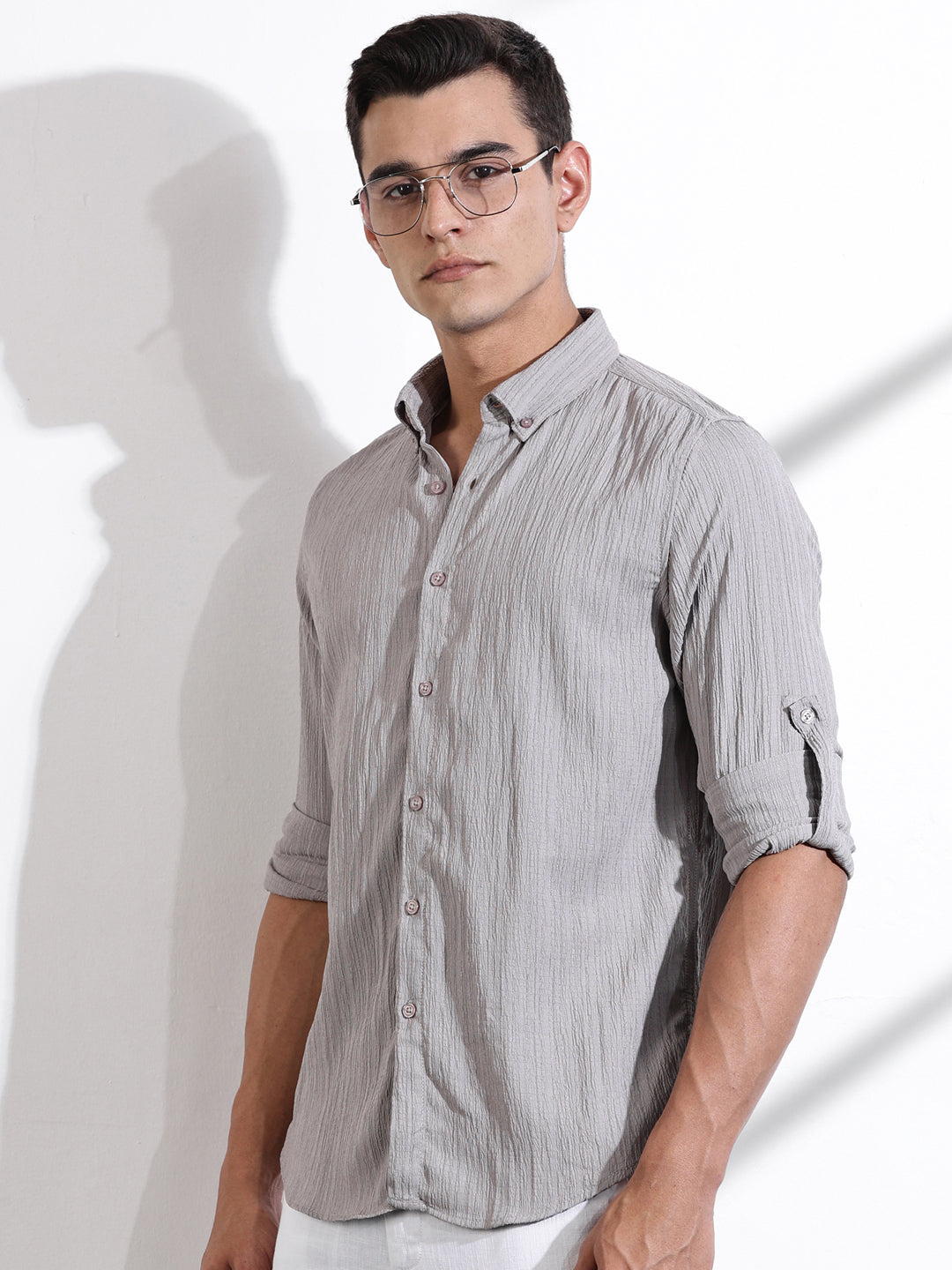 Thomas Scott Men Grey Slim Fit Long Sleeves Textured Casual Shirt