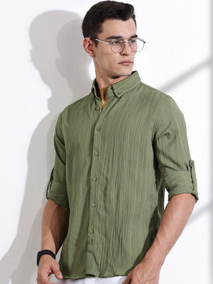 Thomas Scott Men Olive Slim Fit Long Sleeves Textured Casual Shirt
