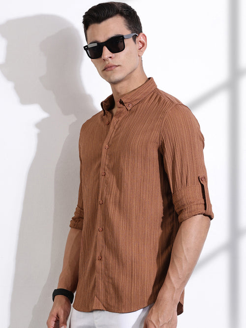 Thomas Scott Men Brown Slim Fit Long Sleeves Textured Casual Shirt
