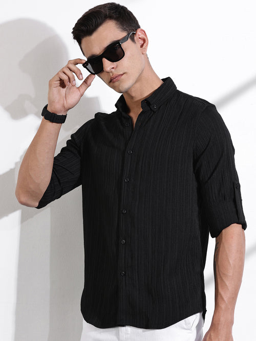 Thomas Scott Men Black Slim Fit Long Sleeves Textured Casual Shirt