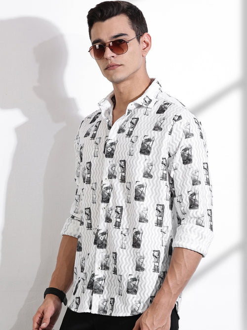 Thomas Scott Men Olive Slim Fit Long Sleeves Abstract Printed Casual Shirt