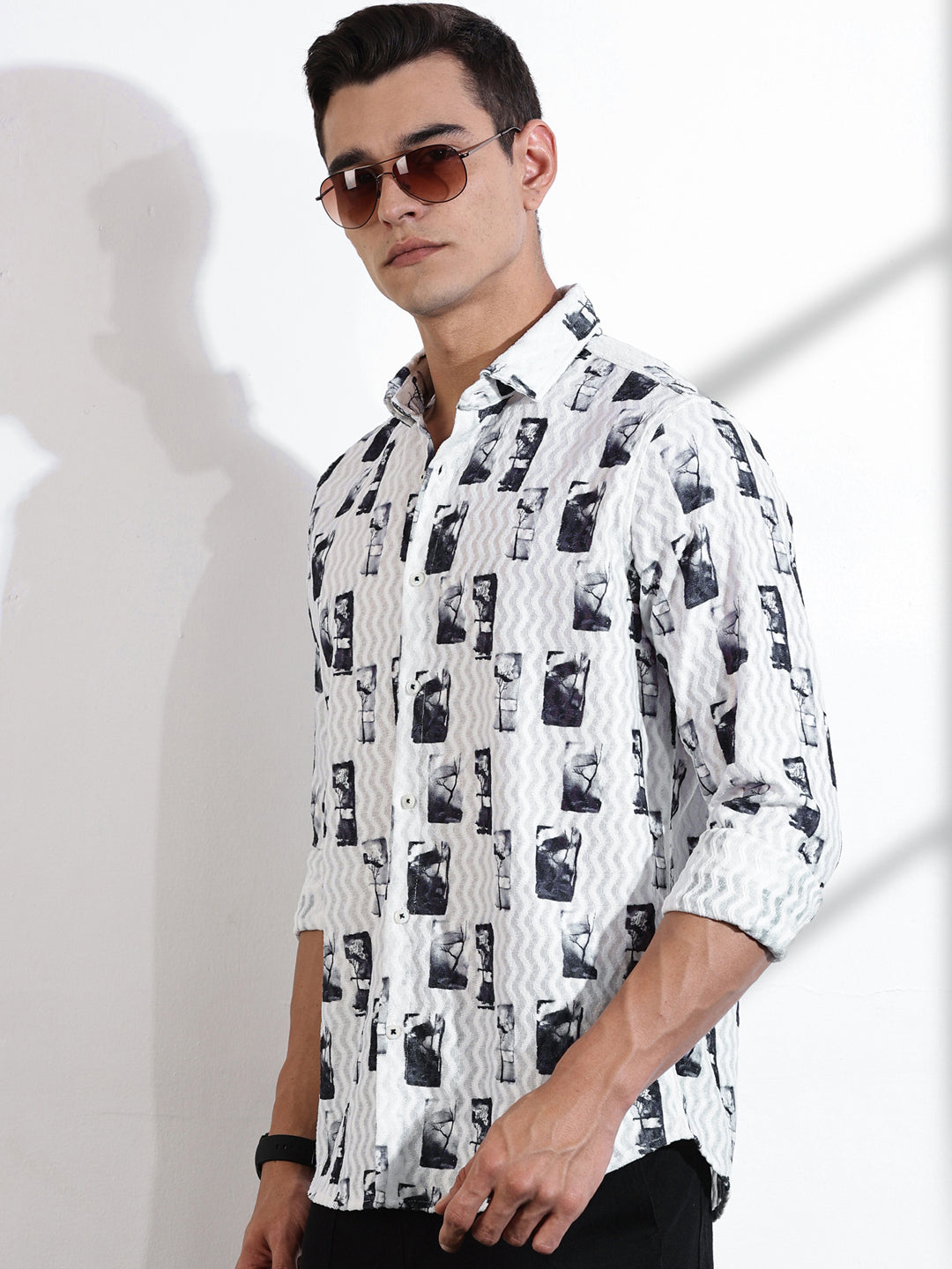 Thomas Scott Men Grey Slim Fit Long Sleeves Abstract Printed Casual Shirt