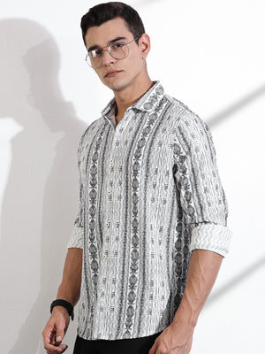 Thomas Scott Men Grey Slim Fit Long Sleeves Abstract Printed Casual Shirt