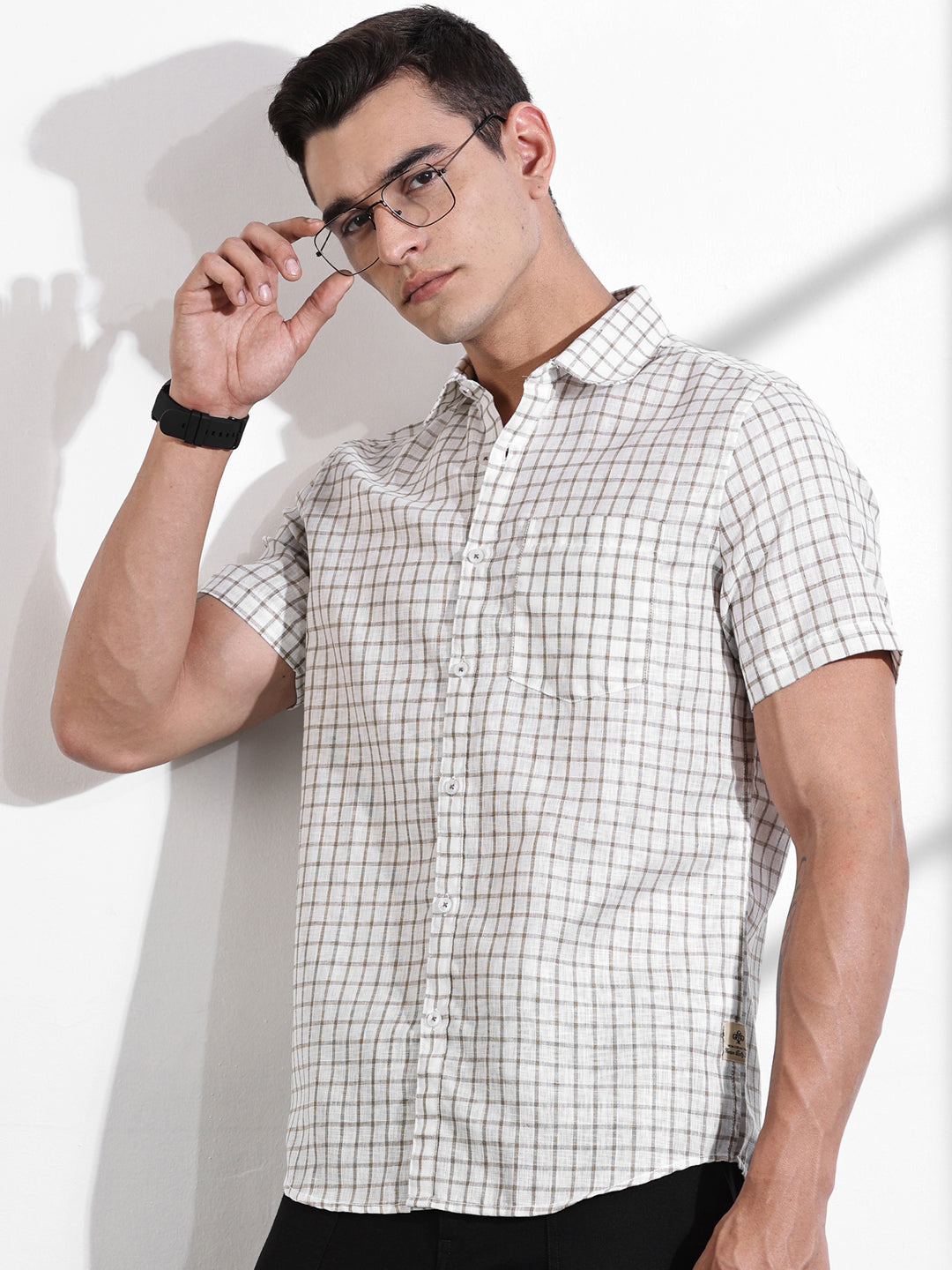 Thomas Scott Men Brown Slim Fit Gingham Checks Linen Casual Shirt
