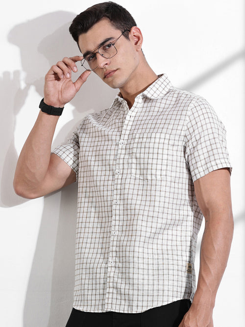 Thomas Scott Men Brown Slim Fit Gingham Checks Linen Casual Shirt