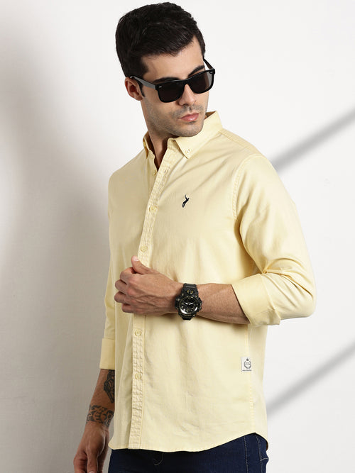 Thomas Scott Men Yellow Button Down Collar Slim Fit Solid Cotton Casual Shirt