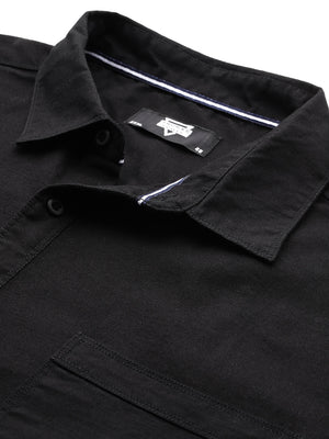 Black Plus Size Regular Fit Long Sleeves Solid Cotton Casual Shirt