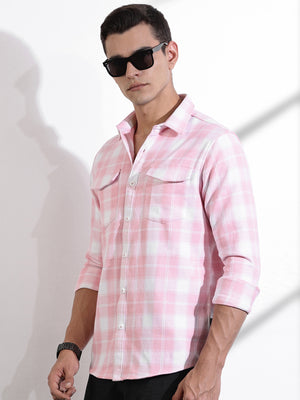 Thomas Scott Men Pink Regular Fit Long Sleeves Windowpane Checks Casual Shirt