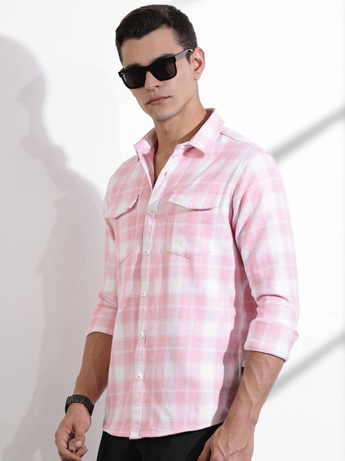 Thomas Scott Men Pink Regular Fit Long Sleeves Windowpane Checks Casual Shirt