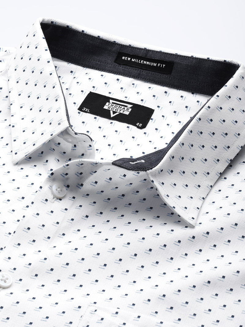 Thomas Scott Men White Plus Size Regular Fit Long Sleeves Polka Dots Printed Formal Shirt