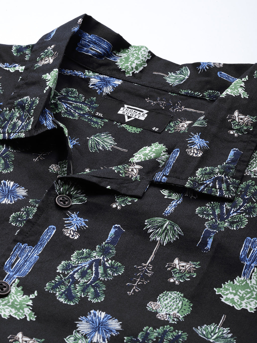 Thomas Scott Men Black Plus Size Regular Fit Short Sleeves Floral Printed Casual Shirt