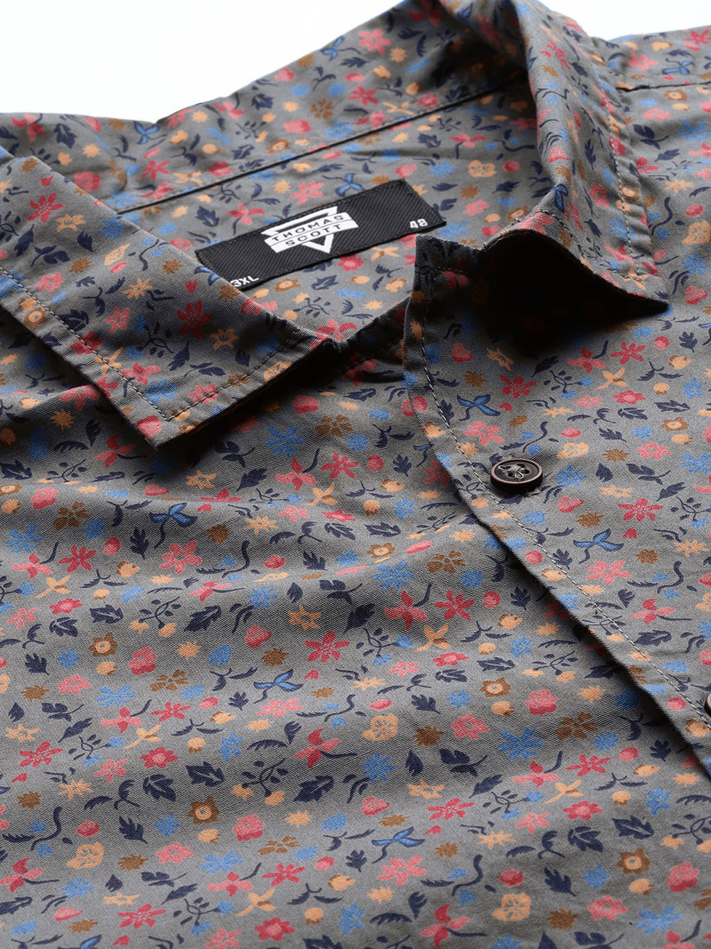Thomas Scott Men Grey Plus Size Regular Fit Short Sleeves Floral Printed Casual Shirt