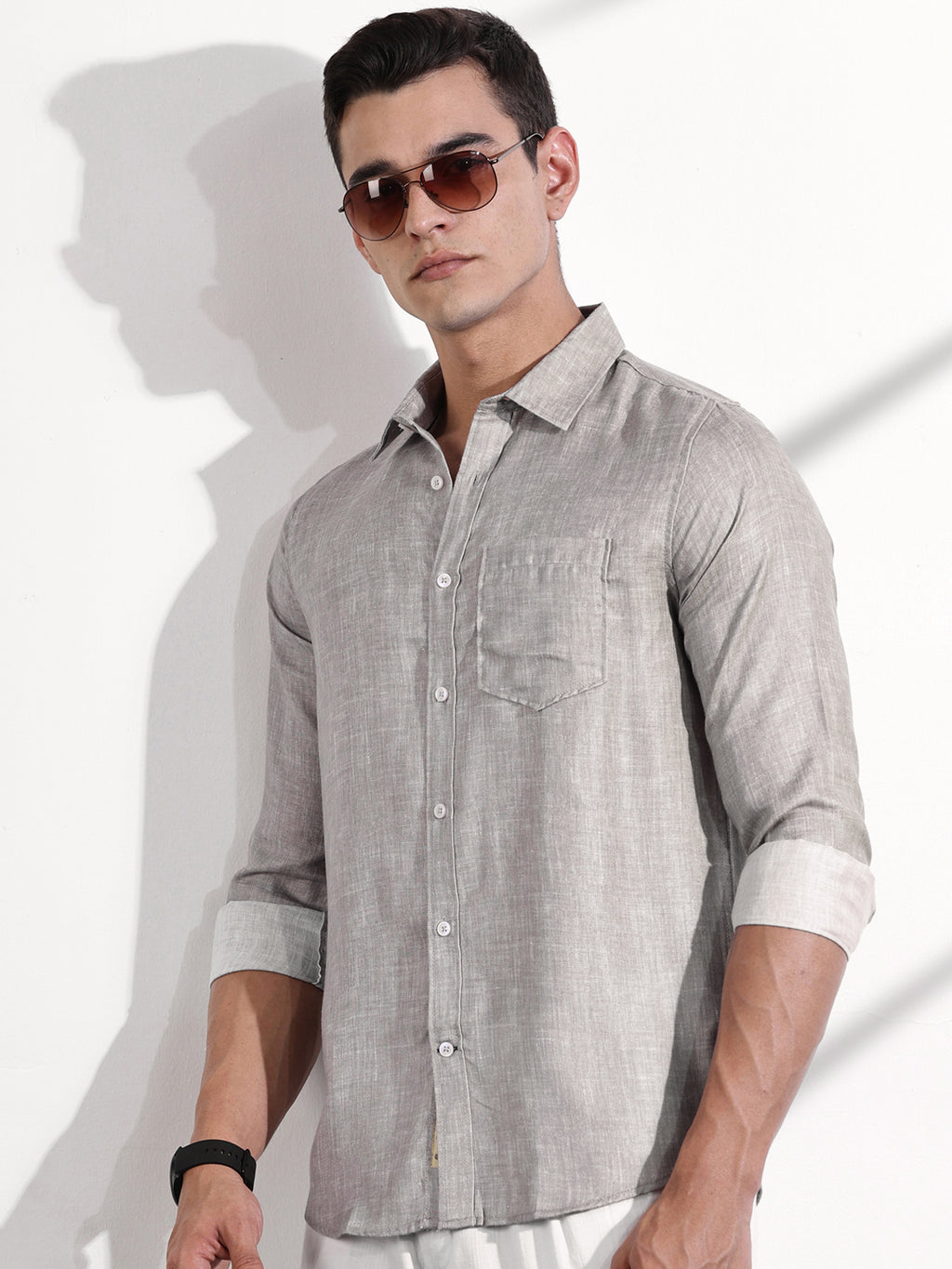 Thomas Scott Men Grey Slim Fit Long Sleeves Linen Casual Shirt