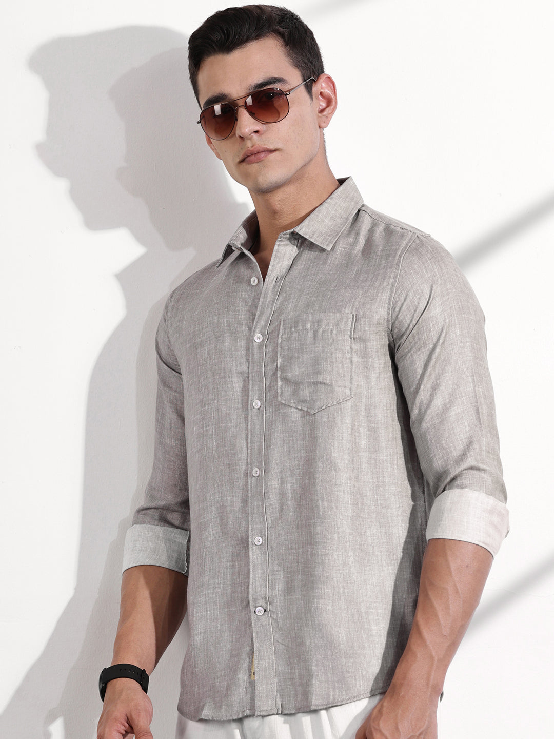 Thomas Scott Men Grey Slim Fit Long Sleeves Linen Casual Shirt