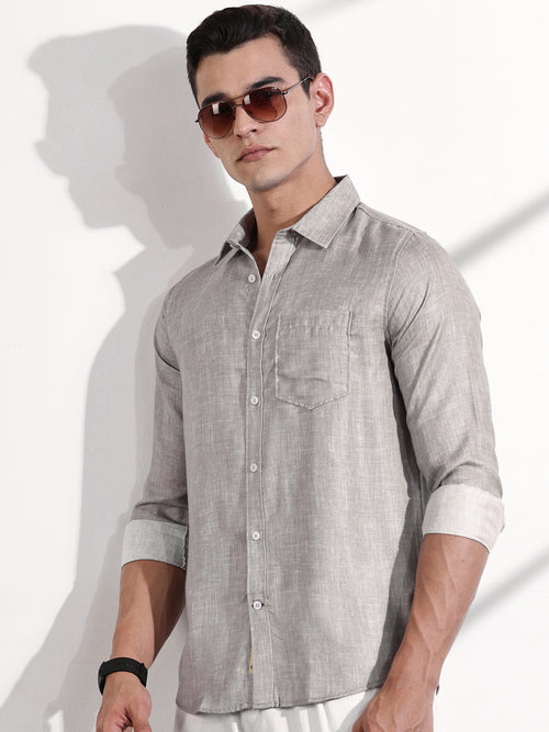 Thomas Scott Men Grey Slim Fit Long Sleeves Linen Casual Shirt