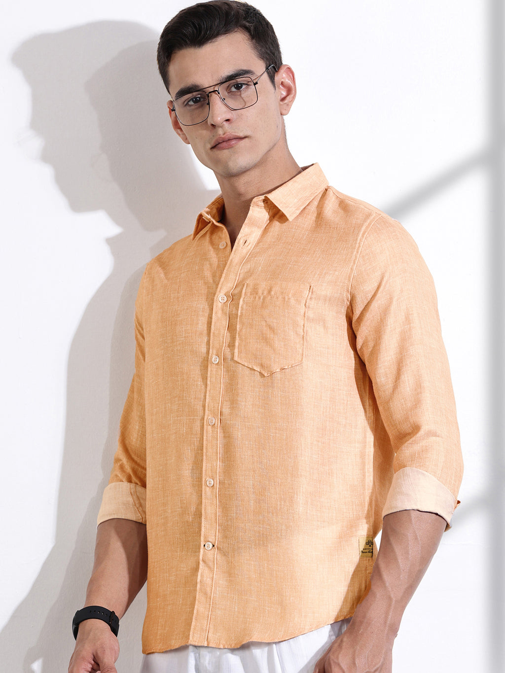 Thomas Scott Men Orange Slim Fit Long Sleeves Linen Casual Shirt