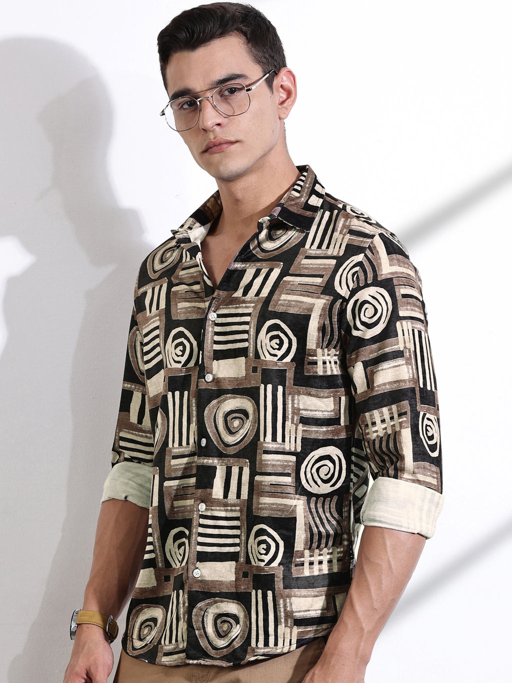 Thomas Scott Men Brown Slim Fit Long Sleeves Abstract Printed Casual Shirt