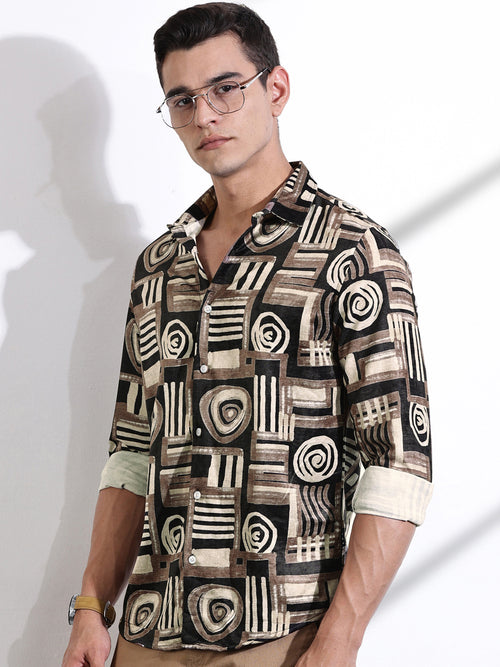 Thomas Scott Men Brown Slim Fit Long Sleeves Abstract Printed Casual Shirt