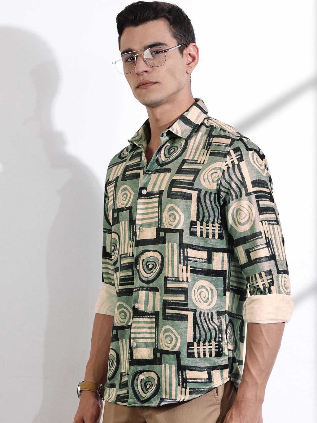 Thomas Scott Men Green Slim Fit Long Sleeves Abstract Printed Casual Shirt