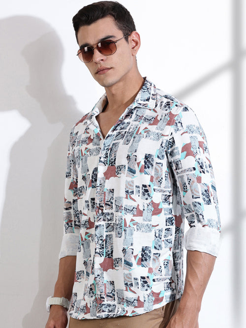 Thomas Scott Men White Slim Fit Long Sleeves Abstract Printed Casual Shirt