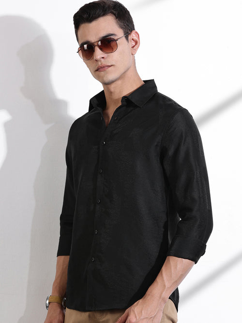 Thomas Scott Men Black Slim Fit Long Sleeves Solid Self Design Casual Shirt