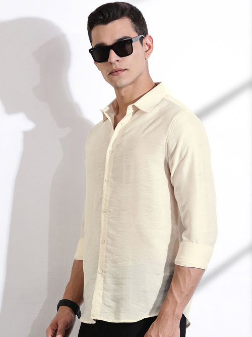 Thomas Scott Men Cream Slim Fit Long Sleeves Solid Self Design Casual Shirt