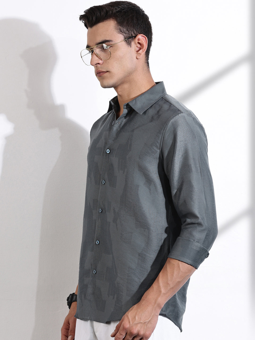 Thomas Scott Men Grey Slim Fit Long Sleeves Solid Self Design Casual Shirt