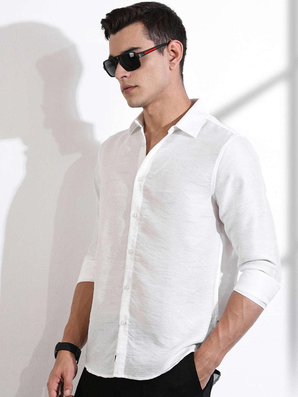 Thomas Scott Men White Slim Fit Long Sleeves Solid Self Design Casual Shirt
