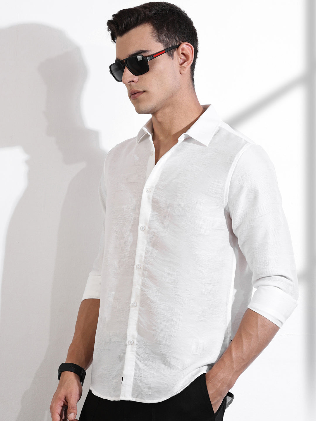 Thomas Scott Men White Slim Fit Long Sleeves Solid Self Design Casual Shirt