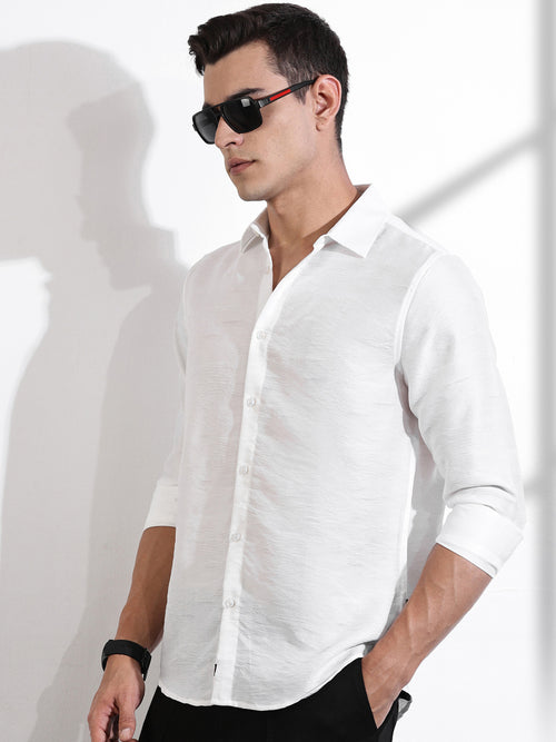 Thomas Scott Men White Slim Fit Long Sleeves Solid Self Design Casual Shirt